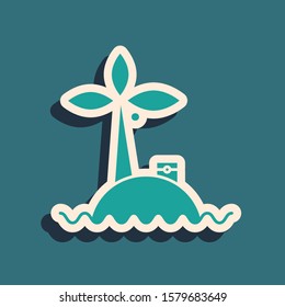 Green Tropical island in ocean icon isolated on blue background. Landscape with ocean and palm trees. Travel. Long shadow style. Vector Illustration