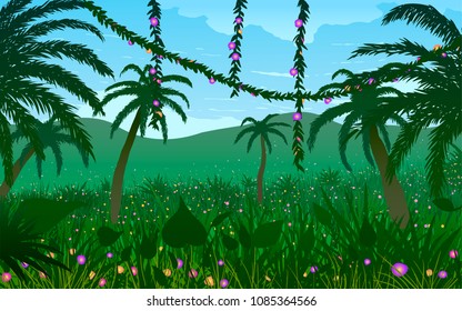 Green tropical jungle forest with palm trees, lianas and flowers. Vector Illustration.