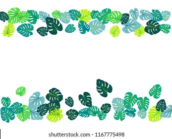 Green tropical jungle leaves vector scatter. Philodendron or monstera plant summer background. Awesome jungle plants tropical foliage pattern. Floral graphics with monstera leaves on white.