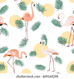 Green tropical jungle palm tree leaves. Exotic flamingo birds. Yellow orange sun moon round circle dot. Seamless pattern texture on white background.