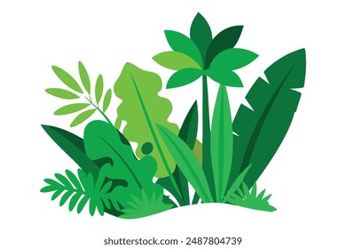 Green tropical jungle plant flat vector set illustration