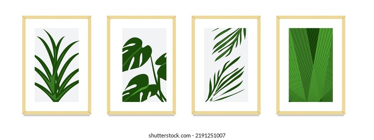 green tropical leaf wall art poster decoration illustration vector. monstera and other natural plant art Illustration for wallpaper.  green leaves paradise vibe wall art design