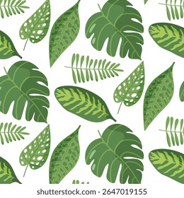Green Tropical Leaves Background. Plant Leaves Seamless Pattern. Summer Pattern
