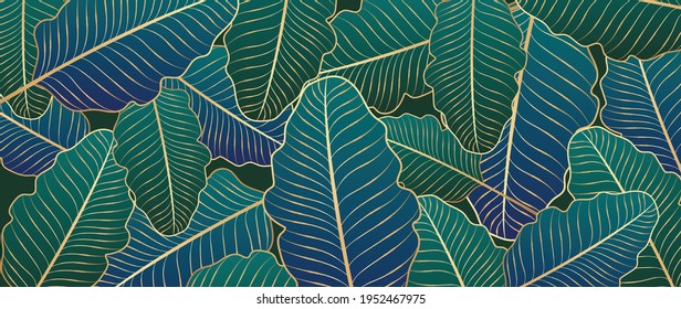 Vector de fondo de hojas tropicales verdes con textura de arte de línea dorada.  Diseño de papel pintado de lujo para impresiones, afiches, portada, invitación, fondo de diseño de empaque, arte mural y decoración casera.