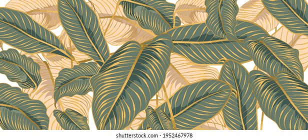 Green Tropical leaves background vector with golden line art texture.  Luxury wallpaper design for prints, poster, cover, invitation, packaging design background, wall art and home decoration.