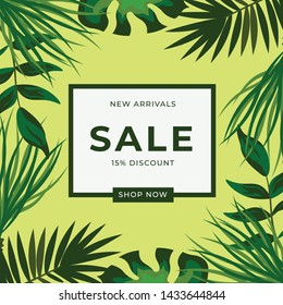 Green tropical leaves with discount frame. 15% Sale banner template design. Big sale special offer. Green leaves Special offer banner for poster, flyer, brochure, sticker. Vector illustration.