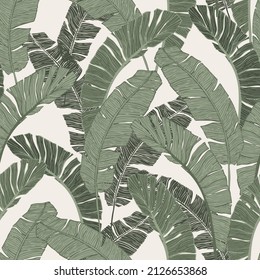 Green tropical leaves drawing seamless pattern. Abstract banana leaf line art, silhouette background. Creative tropics illustration for sweamwear, wallpaper, textile design. Botanical vector art