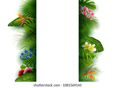 Green tropical leaves and flowers. Vertical Banner background 