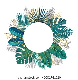 Green tropical leaves frame copy space. Jungle exotic leaf cut round sale poster with outline areca palm and golden monstera leaves Vector illustration.