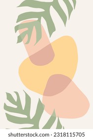 Green Tropical leaves on pastel background with minimal style. can use for cover, wall art, fabrics, lock screen, summer. Vector Illustration.