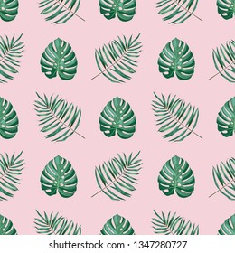 Green tropical leaves on the pink background. Seamless graphic design with amazing palms. Fashion, interior, wrapping, packaging suitable. Realistic palm leaves.