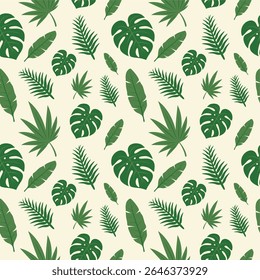 Green Tropical Leaves Pattern with Monstera, Palm, and Slender Foliage - Seamless Vector