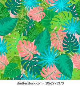 Green tropical leaves pattern for summer background or texture