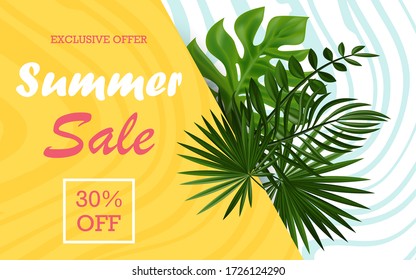 green tropical leaves of plants.Tropical summer design. Summer sale banner or text area for other information. EPS 10