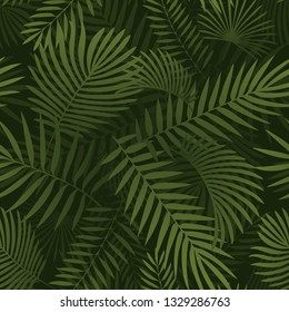 Green tropical leaves. Seamless graphic design with amazing palms. Fashion, interior, wrapping, packaging suitable. Realistic palm leaves. Vertical layout. leaves growing upwards.