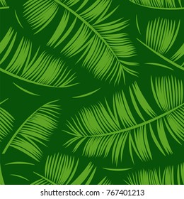 Green tropical leaves. Seamless graphic design with amazing palms. Vector template for Fashion, interior, wrapping, packaging suitable. Flat palm leaves.