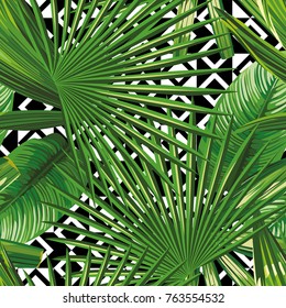 Green tropical leaves seamless on the geometric black white background