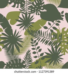 Green tropical leaves seamless pattern background for ads, wallpaper or summer sale banner. Tropical exotic leaves on pink background, vector illustration