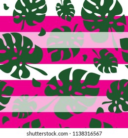 Green Tropical Leaves Seamless Pattern with Pink Stripes
