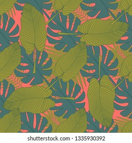 Green tropical leaves seamless pattern in trendy style on coral background. Seamless pattern texture on coral background. Tropical jungle foliage illustration. Fashion, style. Palm leaves pattern.