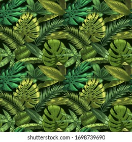 Green tropical leaves seamless pattern. Color monstera and tropic palm leafs, botanical garden floral vector illustration. Seamless exotic tropic, jungle green decoration