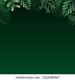 Green tropical leaves square frame on dark green gradient background. Vector invitation cards with herbal twigs branches frames. Summer party banner vector illustration. Tropical frame concept.