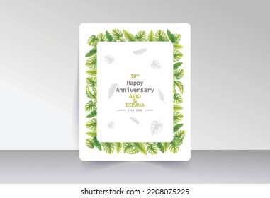 Green tropical leaves square rounded corner anniversary card