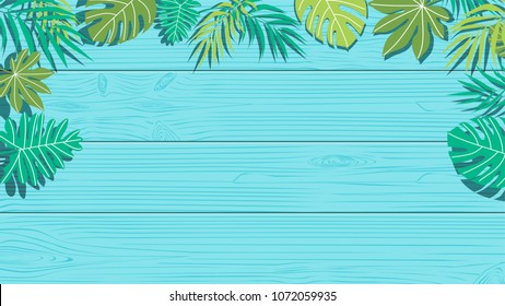 Green tropical leaves with their shadows on blue wooden board background. Flat style vector design.  Top view, frame and copy space for text.