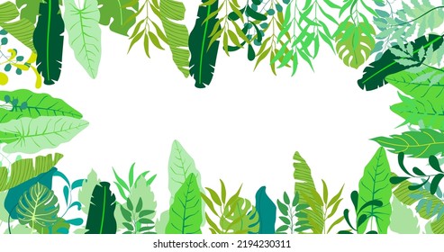 Green  tropical leaves in trendy style on white. Lovely bright summer frame with beauty leaves different trees. Natural green texture eco background. Botanical graphic pattern for any purposes. Vector