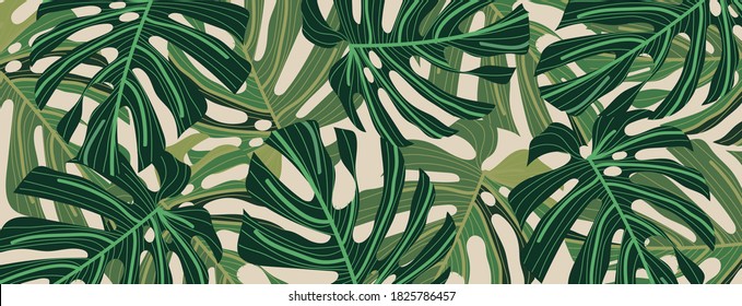 Green Tropical leaves wallpaper. Nature background vector. Floral pattern with golden split-leaf Philodendron plant with monstera plant line art on white  background. Vector illustration.