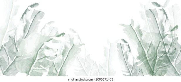 Green tropical leaves watercolor background vector. 