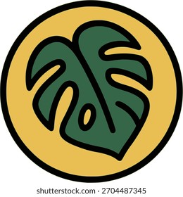A green tropical monstera leaf icon in a yellow circular background