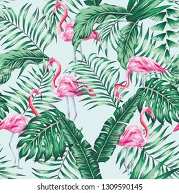 Green tropical palm banana leaves and lovely exotic bird pink flamingo seamless vector pattern on the blue sky background