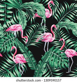 Green tropical palm banana leaves and beautifulexotic bird pink flamingo seamless vector pattern on the black background