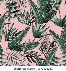 Green tropical palm banana leaves with shadow seamless vector pattern on the pink background