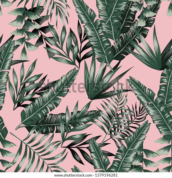 Green tropical palm banana leaves with shadow seamless vector pattern on the pink background.