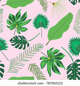 Green tropical palm leaves on the pink background. Vector seamless pattern. Tropical illustration. Jungle foliage.