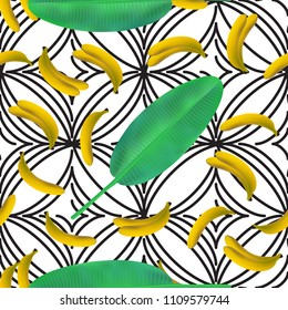 Green tropical palm leaves seamless pattern. Realistic vector banana leaf 3d illustration. Exotic jungle background