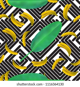 Green tropical palm leaves seamless pattern. Realistic vector banana leaf 3d illustration. Exotic jungle background