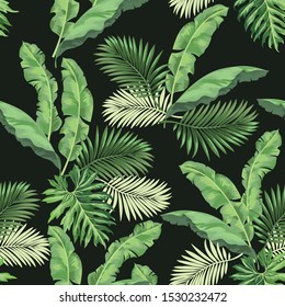Green tropical palm leaves seamless vector pattern on the black background.Trendy summer print.