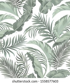 Green tropical palm leaves seamless vector pattern on the black background.Trendy summer print. - Shutterstock ID 1558577603