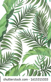 	
Green tropical palm leaves seamless vector pattern on the white background.Trendy summer print.Jungle vector pattern with tropical leaves.