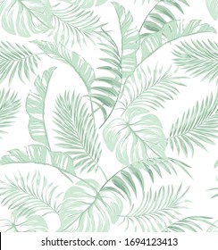 Green tropical palm leaves seamless vector pattern on the black background.Trendy summer prin