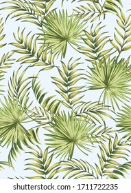 Green tropical palm leaves seamless vector pattern on white background. Trendy summer print. Exotic summer illustration.