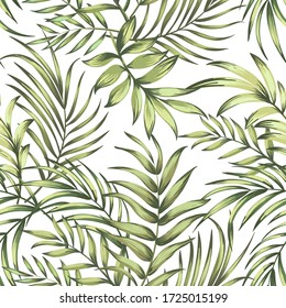 Green tropical palm leaves seamless vector pattern on white background.Trendy summer print.