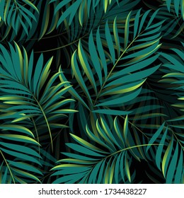 Green tropical palm leaves. Seamless pattern graphic design with amazing palms. Suitable for fashion, interior decoration, packaging, fabrics. Realistic palm leaves.