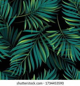 Green tropical palm leaves. Seamless pattern graphic design with amazing palms. Suitable for fashion, interior decoration, packaging, fabrics. Realistic palm leaves.