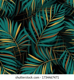 Green tropical palm leaves. Seamless pattern graphic design with amazing palms. Suitable for fashion, interior decoration, packaging, fabrics. Realistic palm leaves.