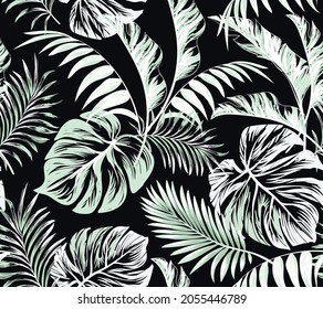 Green tropical palm leaves seamless vector pattern on the black background.Trendy summer print.