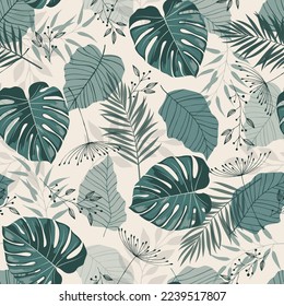 Green tropical palm leaves seamless vector pattern on the white background. Trendy summer print.